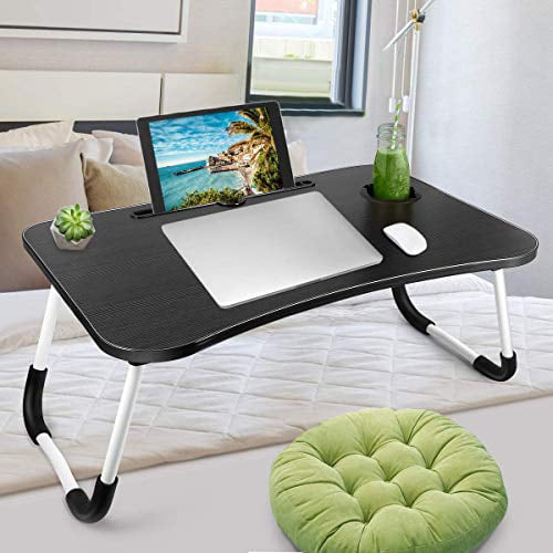 A Bed Desk Portable Tray Laptop Table Notebook Stand Reading Holder with Foldable Legs & Cup Slot Reading Book Watching Movie on Bed/Couch/Sofa