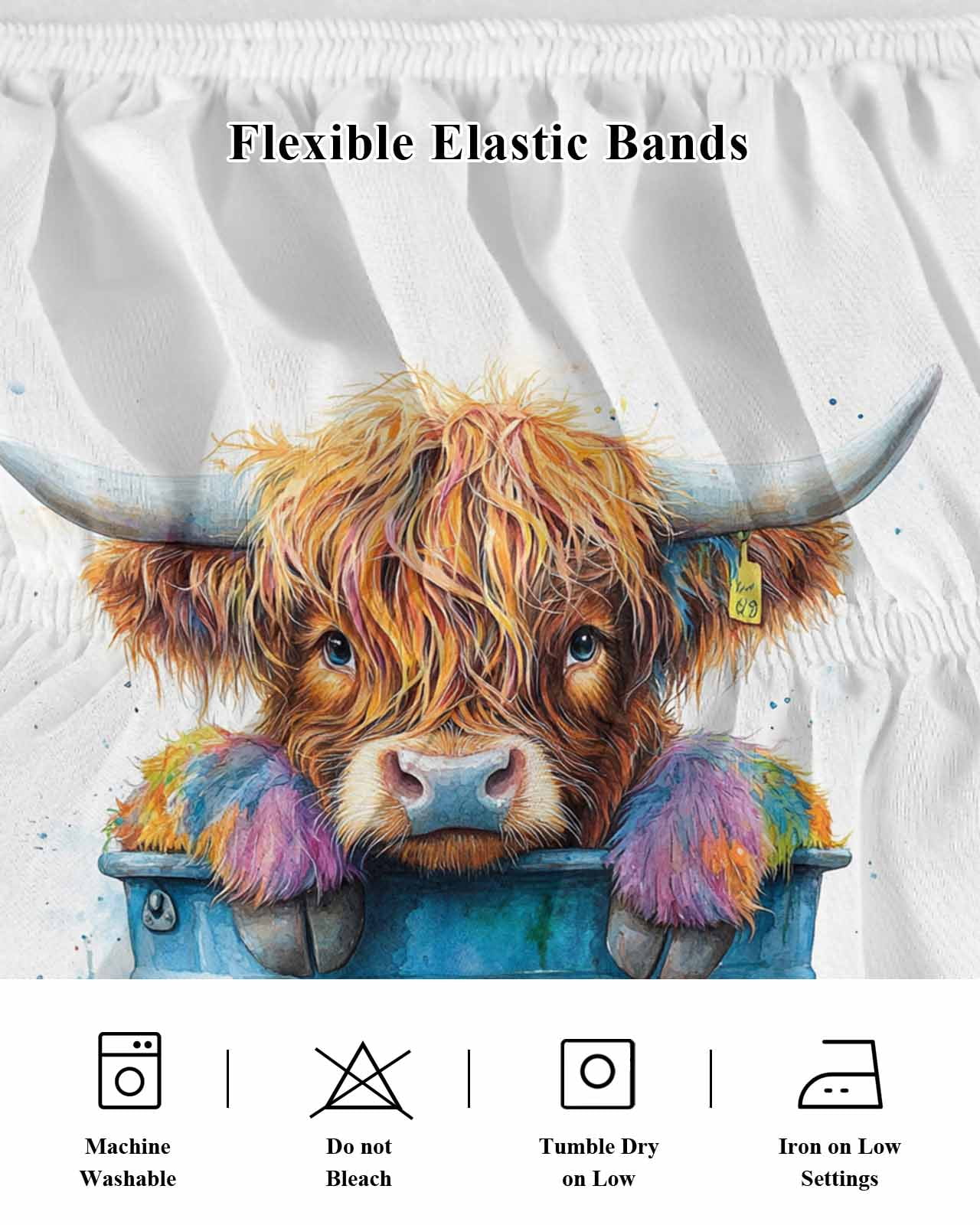 Highland Cattle Bed Skirt Farmhouse Cow Funny Animal Bed Skirts Queen Size 18 Inch Drop, Wrap Around Dust Ruffle&nbsp;Bedskirt with Adjustable Elastic Belt for Queen Size Beds