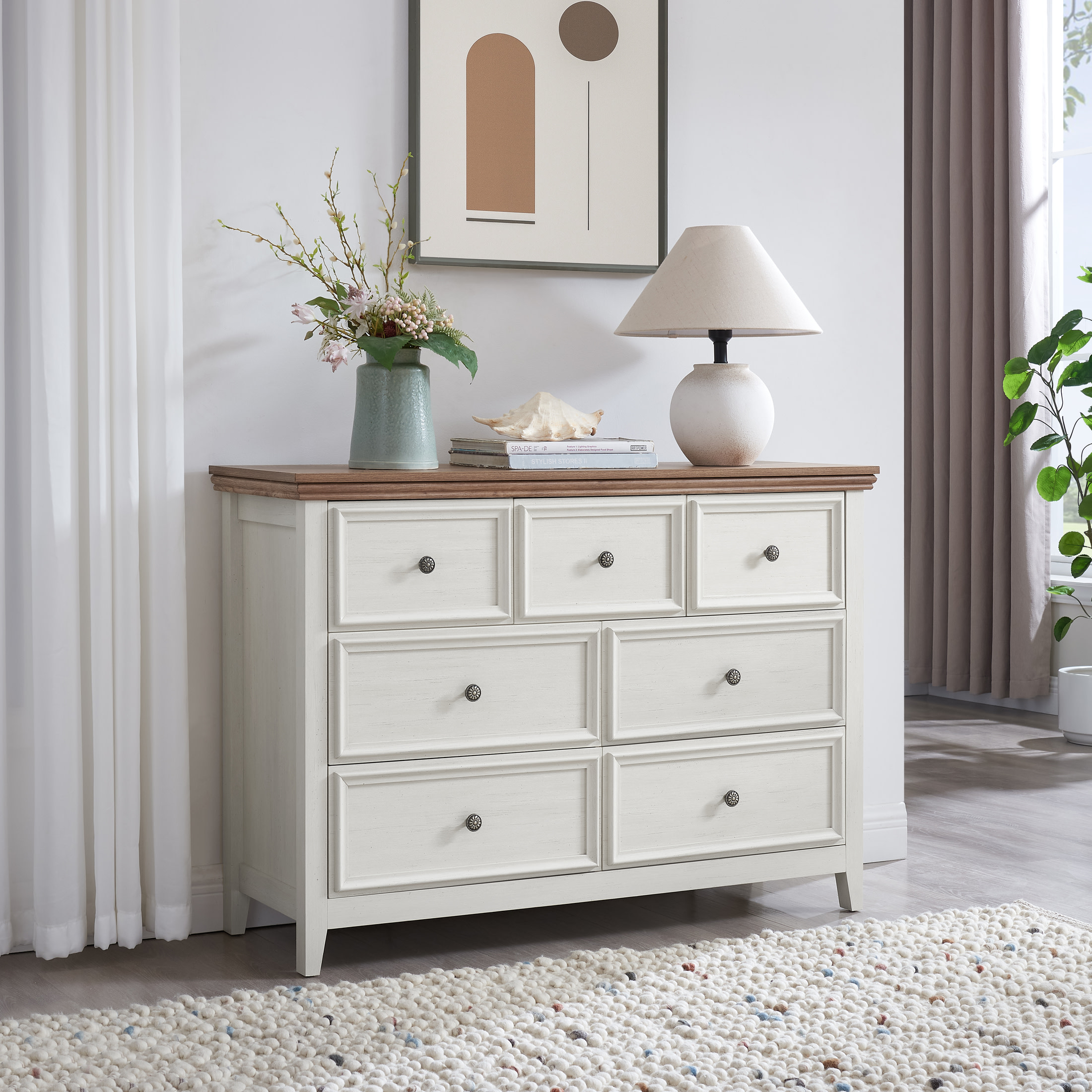Noble House Arley 7-Drawer Dresser, Modern Farmhouse Wide Chest Organizer for Clothes Storage, for Living Room, Beige