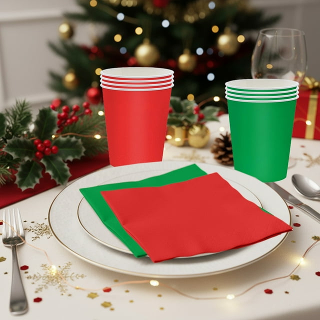 Vasos Rojos y Verdes y Papel de Seda para Fiestas Navideñas | Vajilla Festiva: Vasos de Papel Desechables - 10 Unidades - 13 X 7 X 7 Cm - Motivos de Papá Noel y Copos de Nieve