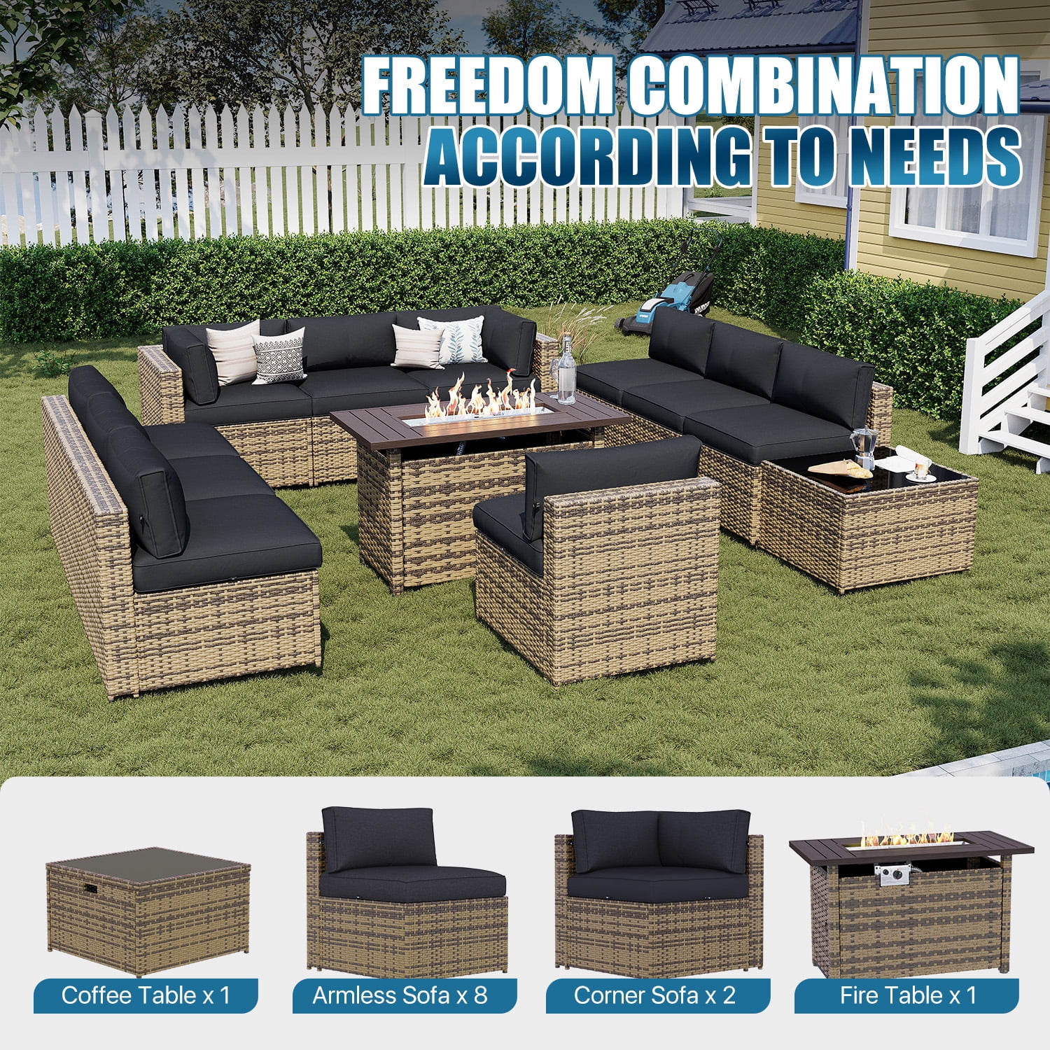 Sunmthink 12-Piece Outdoor Patio Furniture, Patio Furniture Sets with Fire Pit, Wicker Outdoor Conversation Set and Waterproof Cover