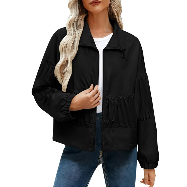 WRKEKC Veste Légère pour Femmes Couleur Unie Décontractée à Fermeture Éclair Plissée avec Poches Courtes pour l'Automne Résistance au Froid