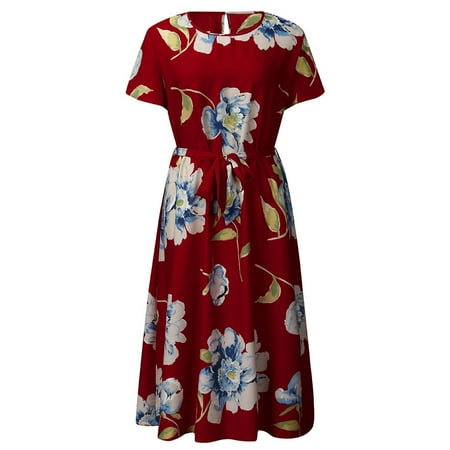 

Women Plus Size Summer Short Sleeve Round Neck Chiffon Midi Long Swing Dress Boho Floral Print Belted Empire Waist A-Line Pleated Flowy Sundress