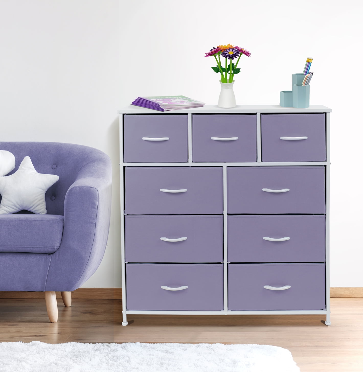 Sorbus 9-Drawer Dresser Nightstand End Table, Steel Frame, Wood Top, Purple