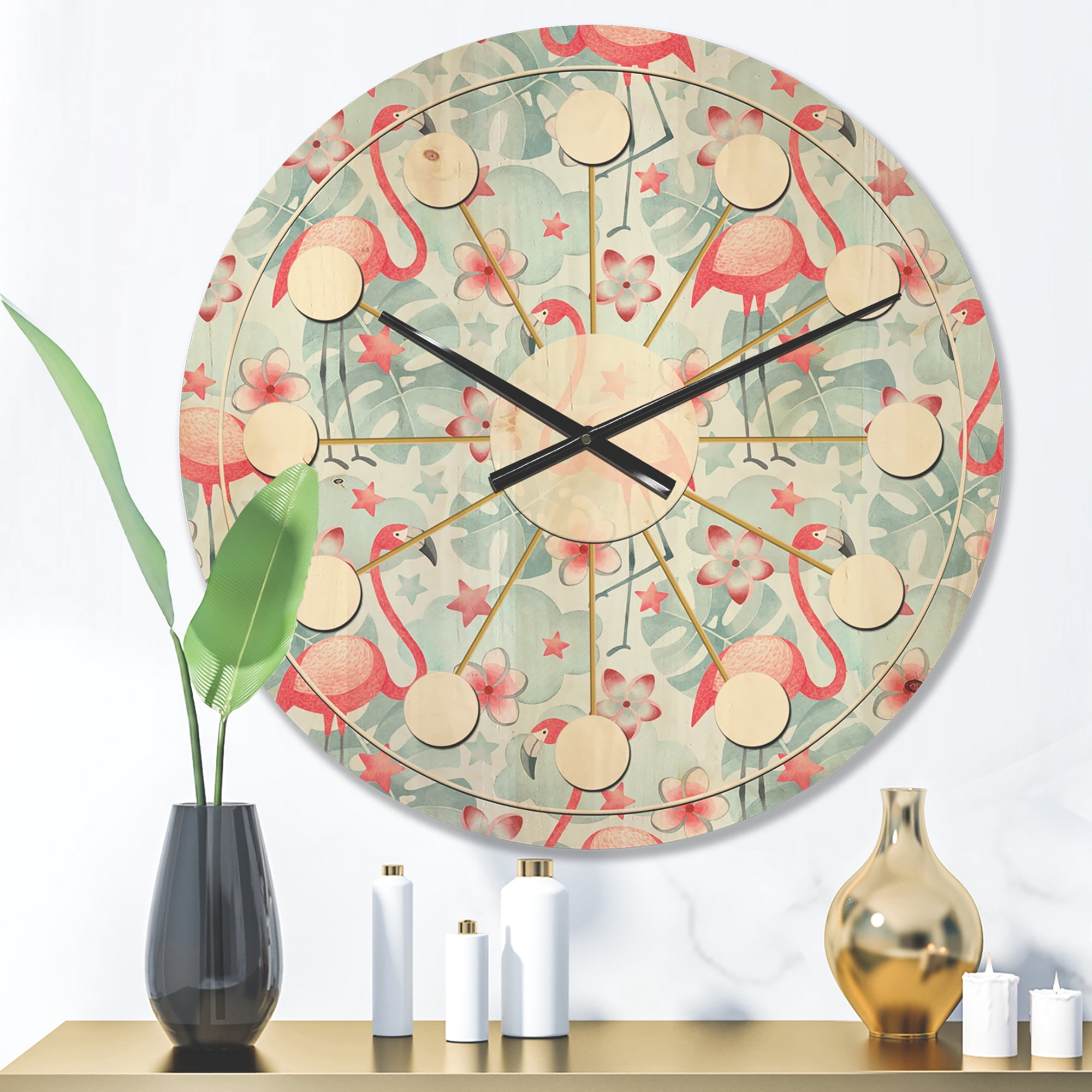 Designart 'Tropical Botanicals, Flamingo and Flowers III' Mid-Century Modern Wood Wall Clock