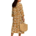 thumbnail image 2 of COEQINE Women's Midi Dress 3/4 Sleeve Wrap V-Neck Casual Sundress, Loose Fit Linen-Like Calf Length Tunic Dress for Women, Machine Washable, Size 3XL, Floral Orange, 2 of 6