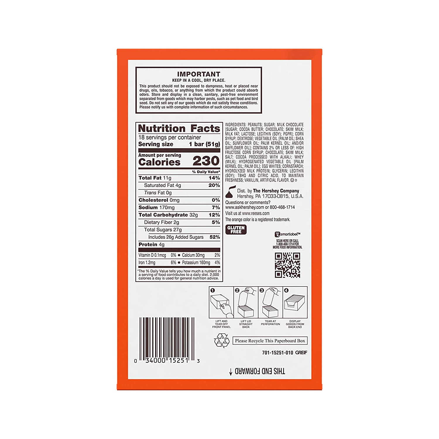REESE'S FAST BREAK Milk Chocolate, Peanut Butter and Nougat Candy, Bulk, Gluten Free, 1.8 oz Bars (18 Count)