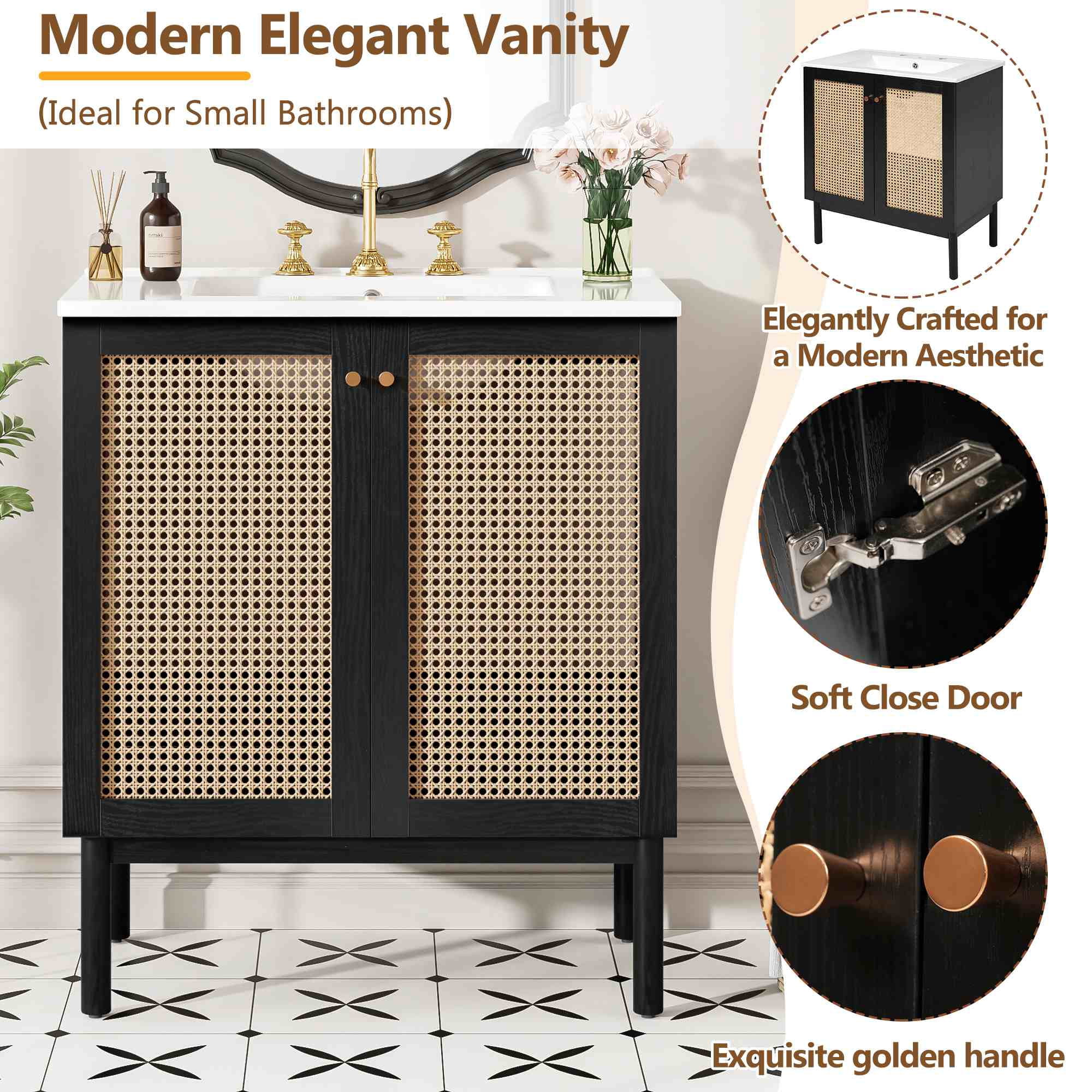 viswild 30" Bathroom Vanity with Handwoven Rattan Doors, Soft Close Ceramic Sink, Gold Accents - Solid Bamboo for Small Spaces, Black