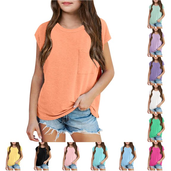 NinXxx Girls Summer Hooded Short Sleeve Casual Front Pocket Tee Orange 13-14 Years