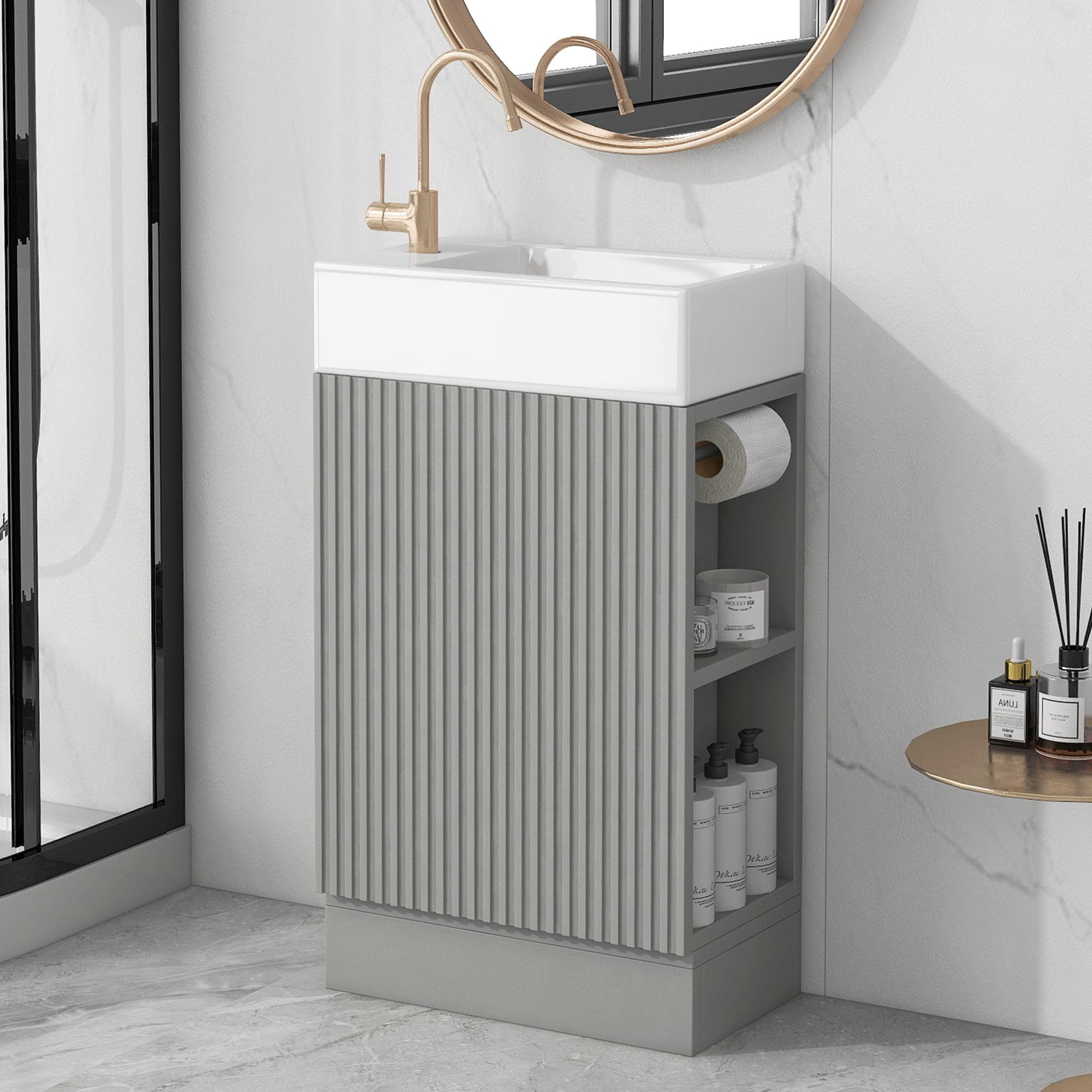 Euroco Compact Bathroom Vanity with Ceramic Sink, Cabinet, Side Shelf & Toilet Paper Holder, Reversible Design