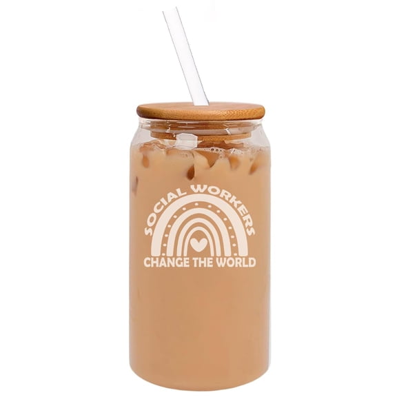 16oz Can Shaped Glass Iced Coffee Cup with Bamboo Lid and Straw Gift Social Workers Change The World Rainbow