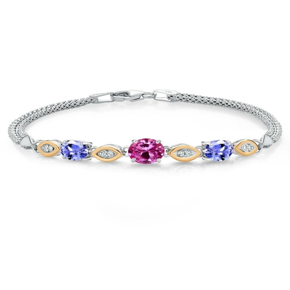 925 Silver and 10K Yellow Gold Pink Created Sapphire and Blue Tanzanite and White Lab Grown Diamond Bracelet for Women (1.86 Cttw, Gemstone September Birthstone, Oval, Wheat Chain, 7 inches)