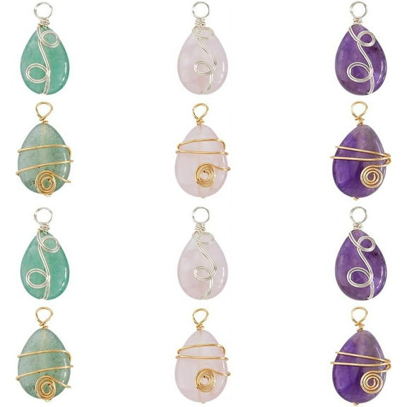 12Pcs Teardrop Gemstone Pendants Copper Wire Wrapped Stone Charm Colorful Quartz Pendant for DIY Jewelry Making Necklaces Crafts Findings Hole:3.4~3.6mm colorful