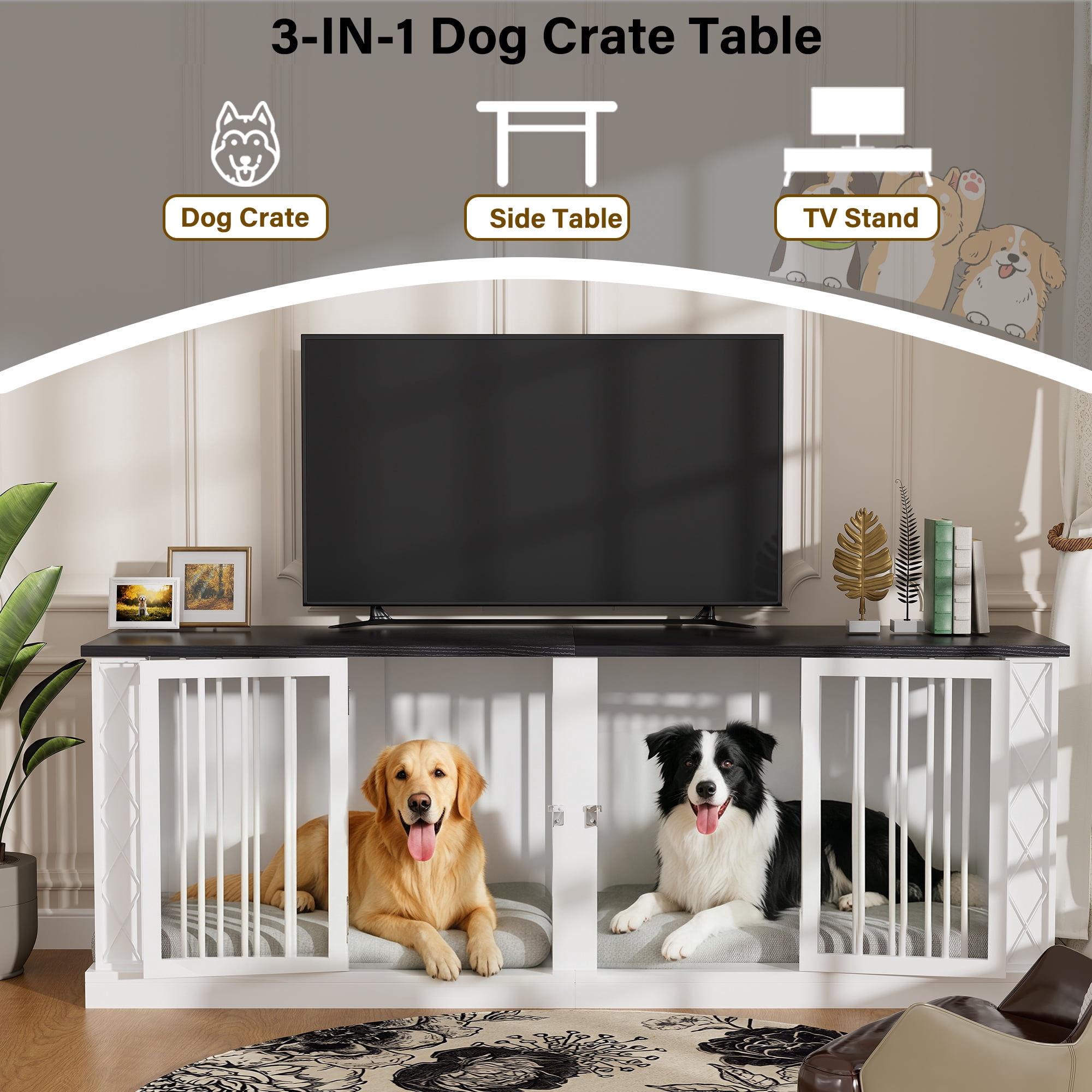 ModFurne 86.6" Dog Crate Furniture for Double Dogs, Heavy Duty Dog Cage Indoor for Small/Medium/Large Dogs, Dog Kennel Furniture White