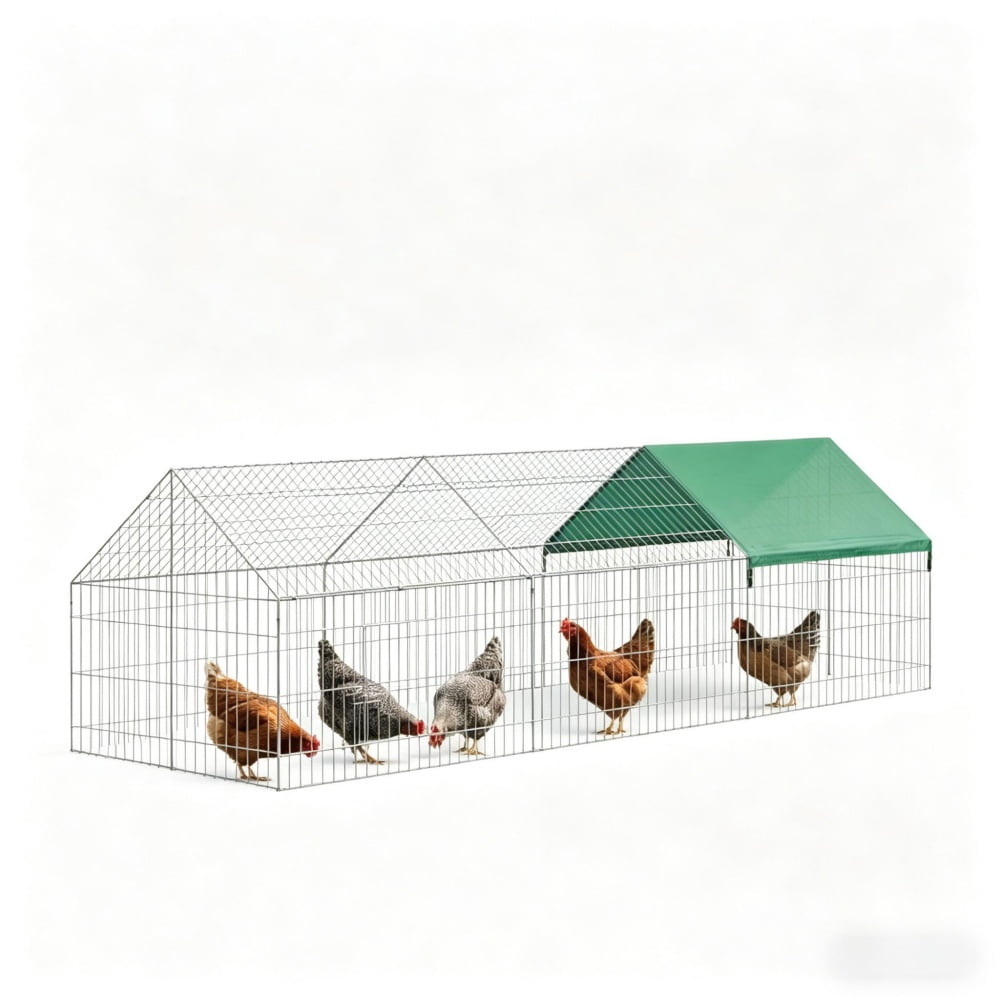 Long Outdoor Chicken Run Pen, Shade Oxford Canopy Powder Coated Steel Predator Proof Wire Mesh Rabbit Duck Kitten Playpen With Ground Stakes Locked Doors