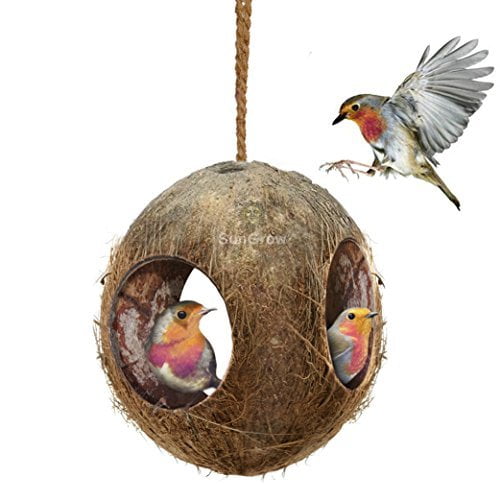 Mini Condo for Avians 100/% Raw Coconut Husk Coco Texture Encourage Foot and Beak Exercise SunGrow Bird House with Ladder Nesting Home and Bird Feeder Durable Habitat with Hanging Loop