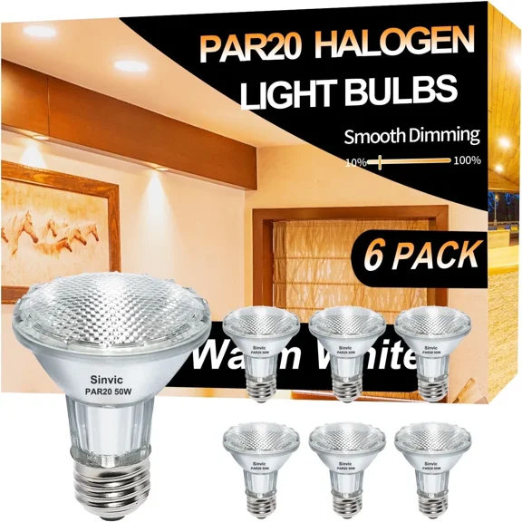 6PCS Par20 Halogen 50W 120V Dimmable, Long Lifespan E26 Par20 Light Bulb with 3000K Warm White for Indoor/Outdoor