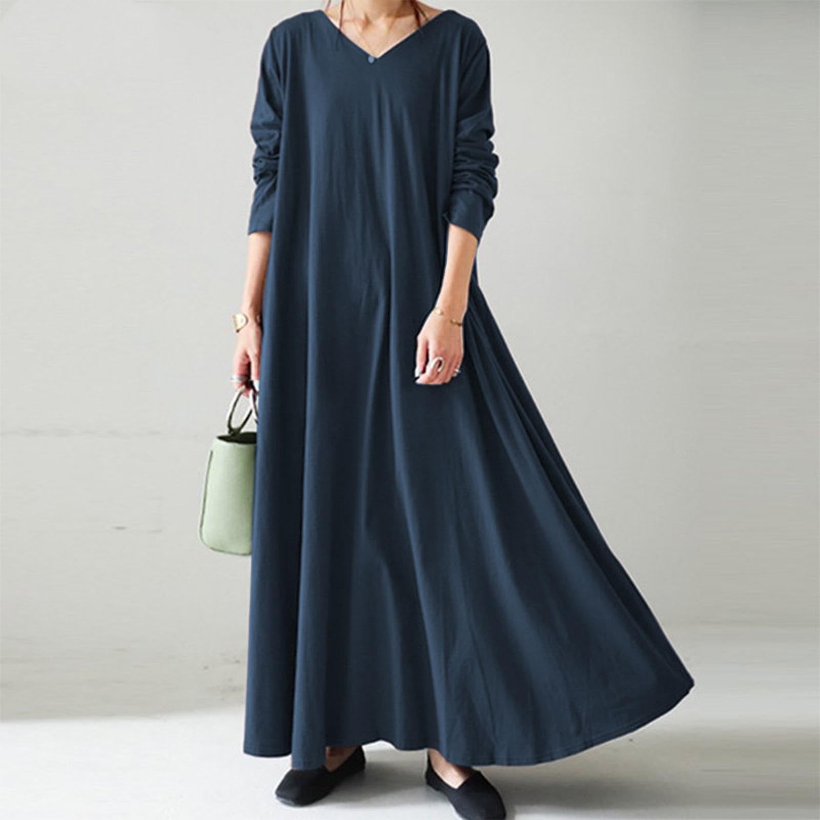 JGGSPWM Women's Long Sleeve Cotton Maxi Dress V Neck Side Pockets Casual Plus Size Daily Vacation Dresses Navy L