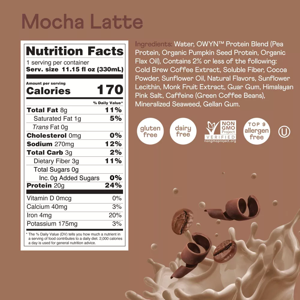 OWYN DOUBLE SHOT 20G PROTEIN COFFEE SHAKES, MOCHA LATTE, 11.15 FL OZ, 4 COUNT