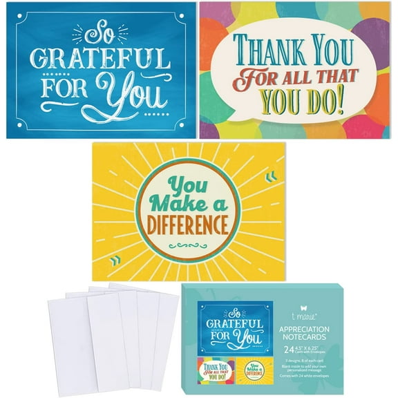 T MARIE 24 Appreciation Cards with Envelopes - Team Gifts, Teacher Gifts Bulk, Volunteer and Employee Appreciation Cards, Gratitude and Encouragement Cards for Nurse Appreciation Week