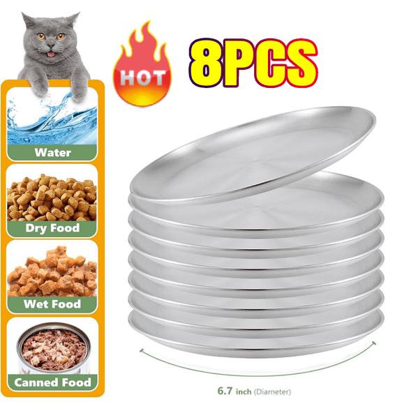 8-Pack Stainless Steel Cat Food Bowls, Shallow Whisker-Friendly Non-Slip Silicone Base Metal Dishes, Easy to Clean Indoor Feeding Flat Plates for Cat, Small Dog