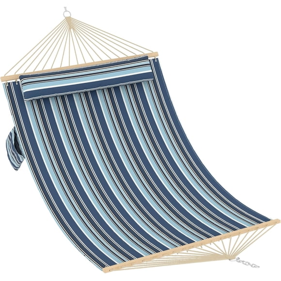 IdealHouse Comfortable 2 Person Quilted Hammock with Hardwood Spreader Bars & Pillow – 450lbs Capacity – Ideal for Patio, Backyard – Double Outdoor Hammock – Dark and Light Blue Stripes