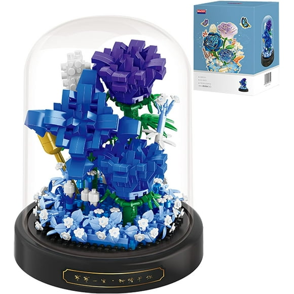 TRAHOO-Roses Flower Bouquet Set,Mini Bricks Botanical Collection Flowers Building Blocks,Assembly Bonsai Tree Friends Sets, Valentine's Anniversaries Birthday Gift for Women Friends Adults(Blue)