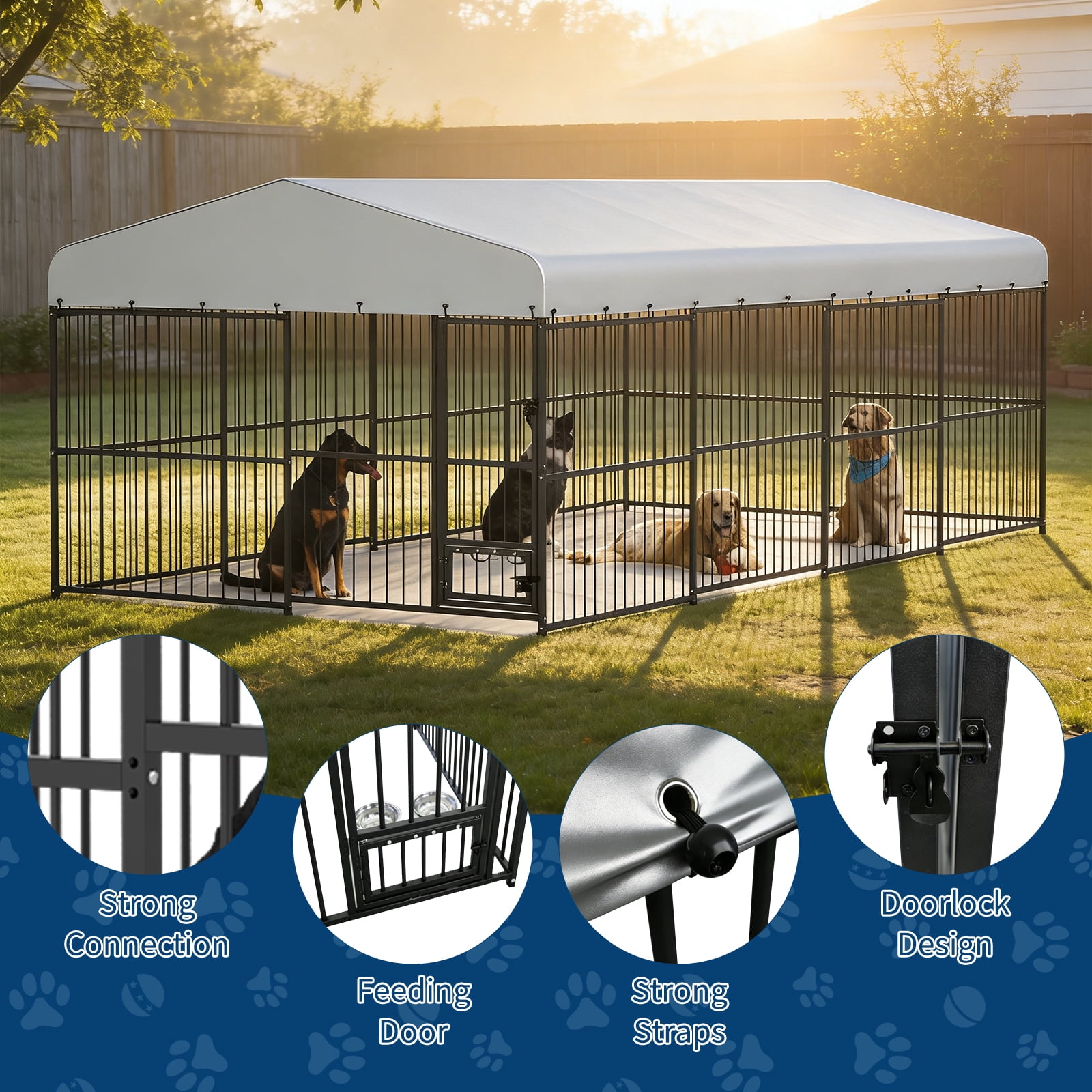 Danolapsi Large Dog Enclosures, Outdoor Dog Kennel with Waterproof Cover, Large Dog Kennel Outdoor with Feeding Doors, Large Dog House for Yard Garden Backyard（10×15×6FT）Outdoor Walk-in Dog Cage