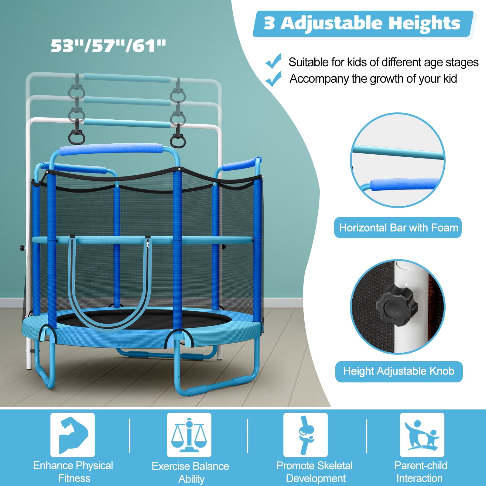 Topbuy 60 Inch Kids Trampoline, 330 LBS 3-in-1 Trampoline w/ Swinging Rings 3-Level Height Adjustable Horizontal Bar Blue