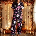 thumbnail image 2 of CONZONE Halloween Pajamas for Women Set Short Sleeve Button Down Graphic Tops Pants Pjs 2 Piece Spooky Season Sleepwear, 2 of 5
