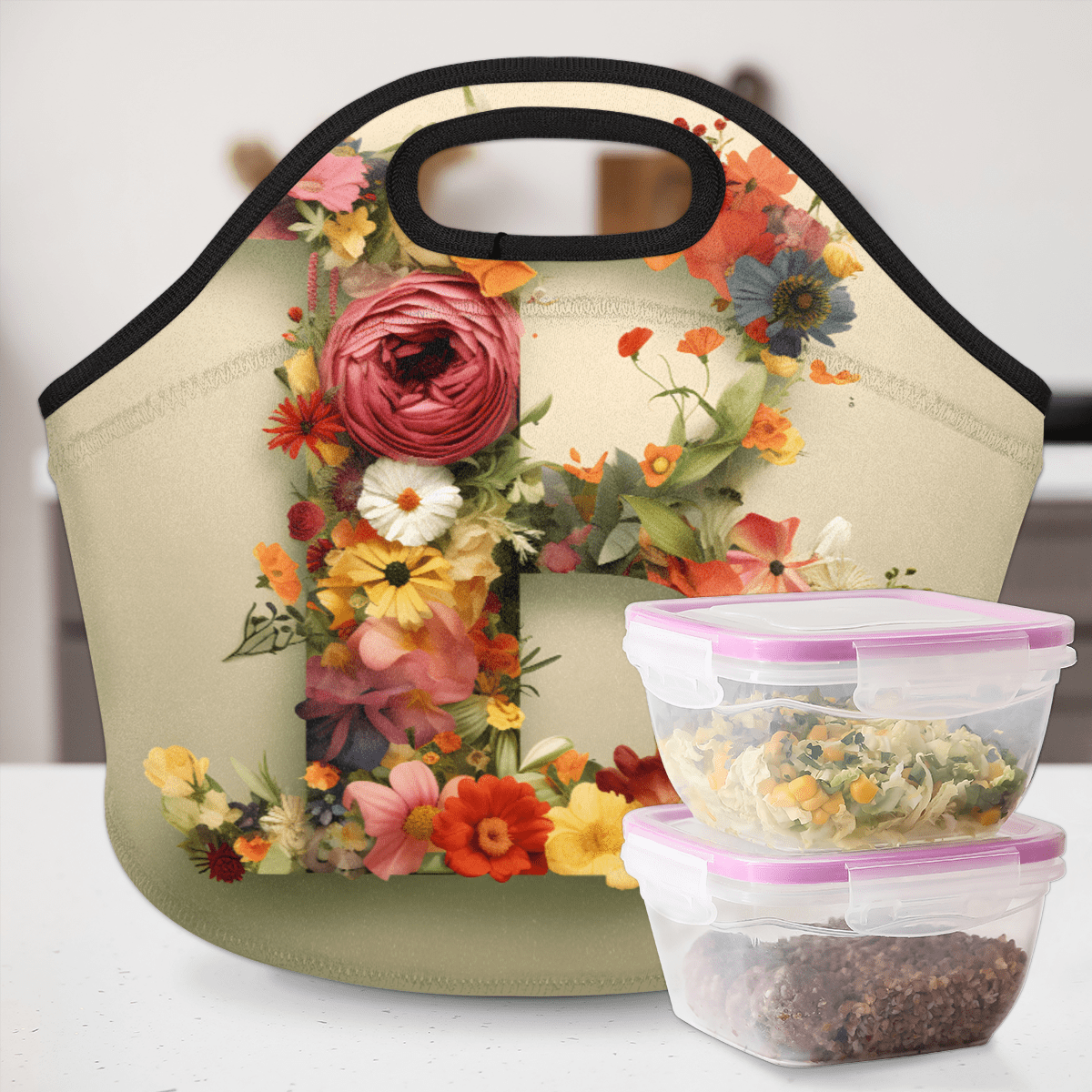 Herdesigns Letter B Neoprene Lunch Bag, Flower Letter B Insulated Lunch Box for Women Men Washable Lunch Tote Soft Lunch Container With Zipper for Work Picnic Travel