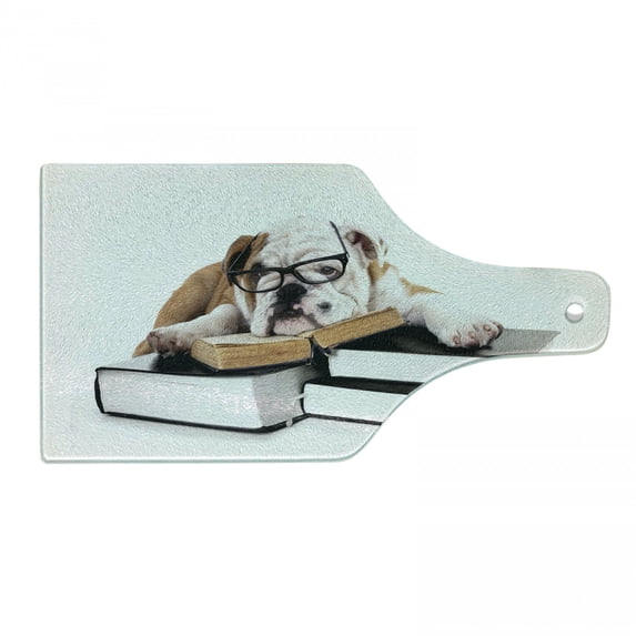 English Bulldog Cutting Board, Pure Breed Bulldog with Glasses and Books Hardworking Animal, Tempered Glass Cutting and Serving Board, Wine Bottle Shape, Black Pale Brown White, by Ambesonne