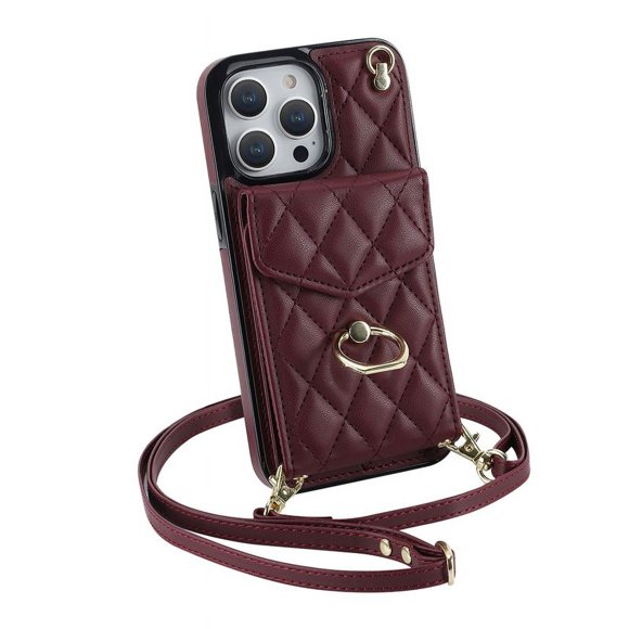 Phone Case With Adjustable Ring Holder Lanyard Wallet Bag Phone Case Protective Shockproof Leather Case For IPhone 15 Claret iPhone15Pro