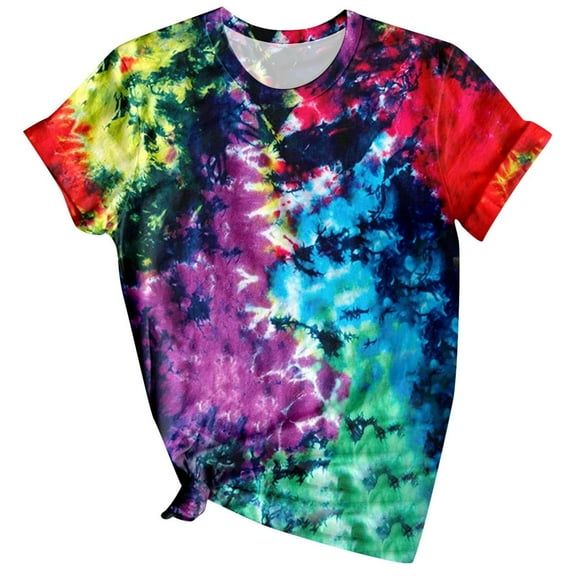 Trendy Tunic Tops for Women 2024 Tie Dye Round Neck Short Sleeve Shirts Casual Loose Fit Summer Dressy Blouses