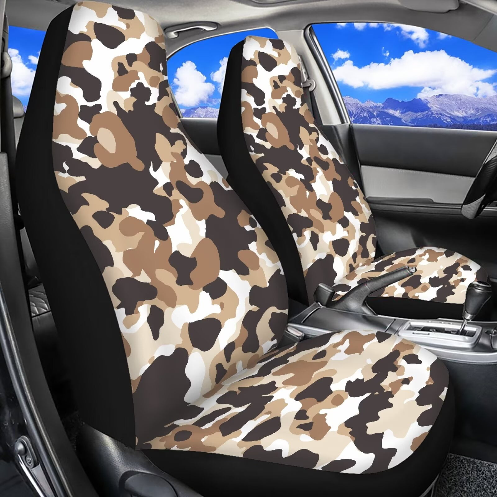 Binienty Brown Camo Print Car Seat Covers Front Seats Only Elastic Polyester Bucket Seat Covers Anti-Scratch Breathable Easy to Install Universal for Cars SUV/Trucks/Sedans