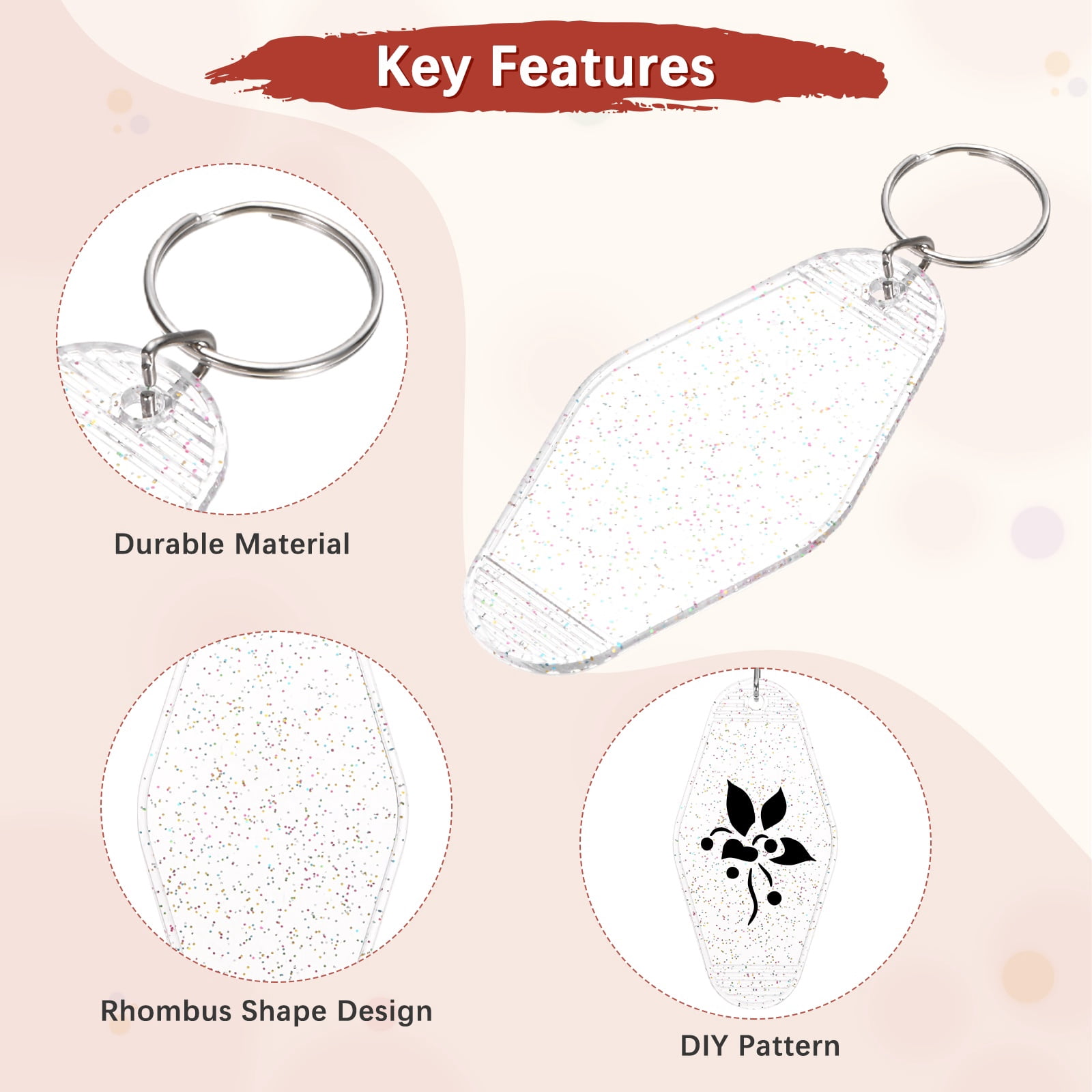 Blank Hotel Keychain Tags [30PCS] - Plastic Rhombus Blank Motel Keychain for Luggage Labels [Glitter Clear] Vintage Key Tags