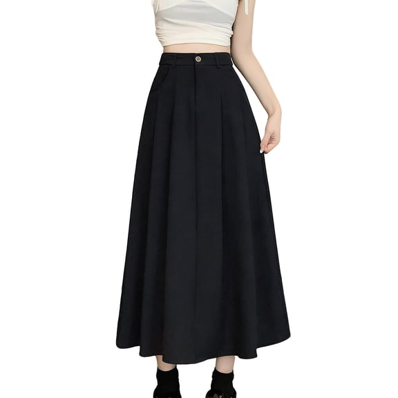 Llgiddwo Long Skirts for Women Fashion Elastic Waist Casual Business Work Button Skirt with Pocket Summer Womens Maxi Skirt
