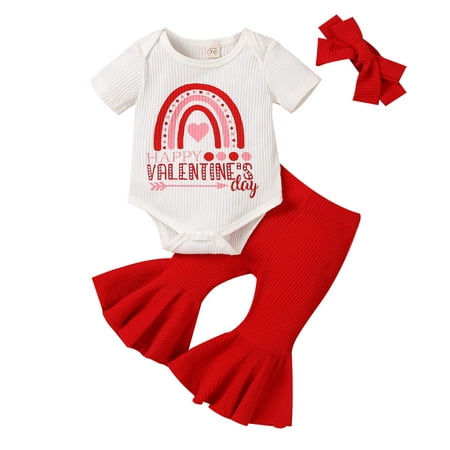 

2 Year Old Girls Clothes Clothes for Teen Girls Pants Toddler Girls Valentine s Day Short Sleeve Letter Prints Romper Bodysuits Bell Bottoms Pants Headbands Kids Outfits Baby Gift Set 6 Months