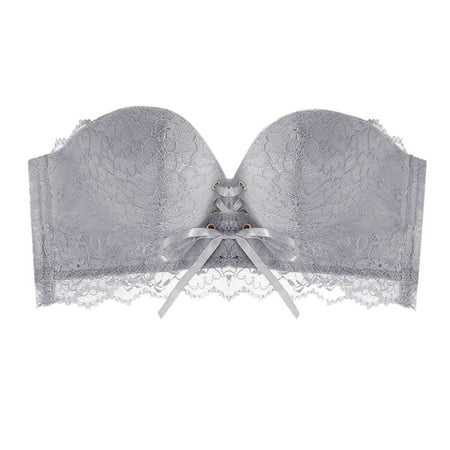 Clearance!Uooqdmx Bras for Women Strapless Bra Non-slip Drawstrings Up Lace Bra Strapless Drawstring Bandeau Strapless Bra Push Up Gray 75A