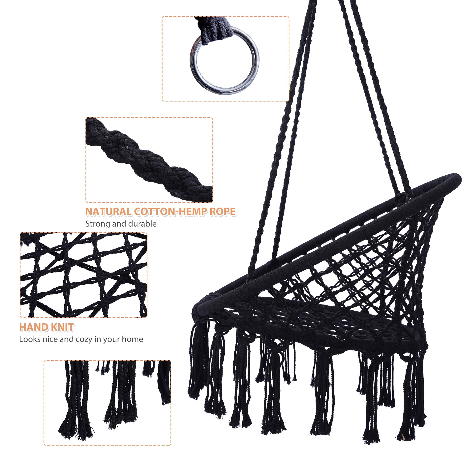 Yoneston Bahia Macrame Hammock Chair Rope Boho Hanging Swing Chair for Outdoor Indoor, Black