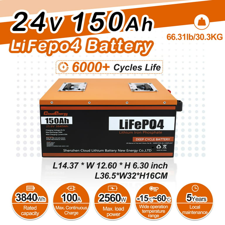 Cloud Energy 24v 150ah lifepo4 battery pack lithium for solar storage  system forklifts fosfet camper rechargeableable