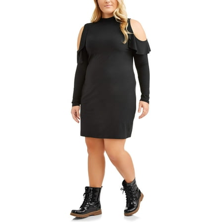 Juniors' Plus Mock Neck Cold Shoulder Ruffle Cozy Knit Dress