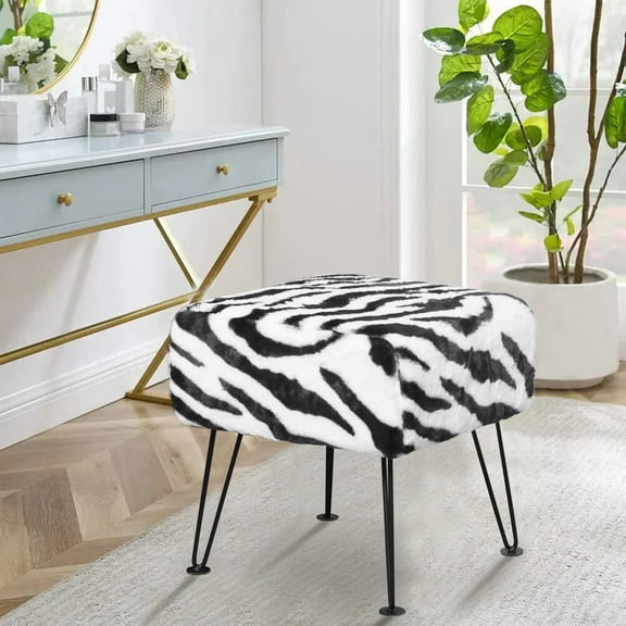 Home Soft Things Faux Fur Ottoman- Zebra - Black Leg - 17x17x17"