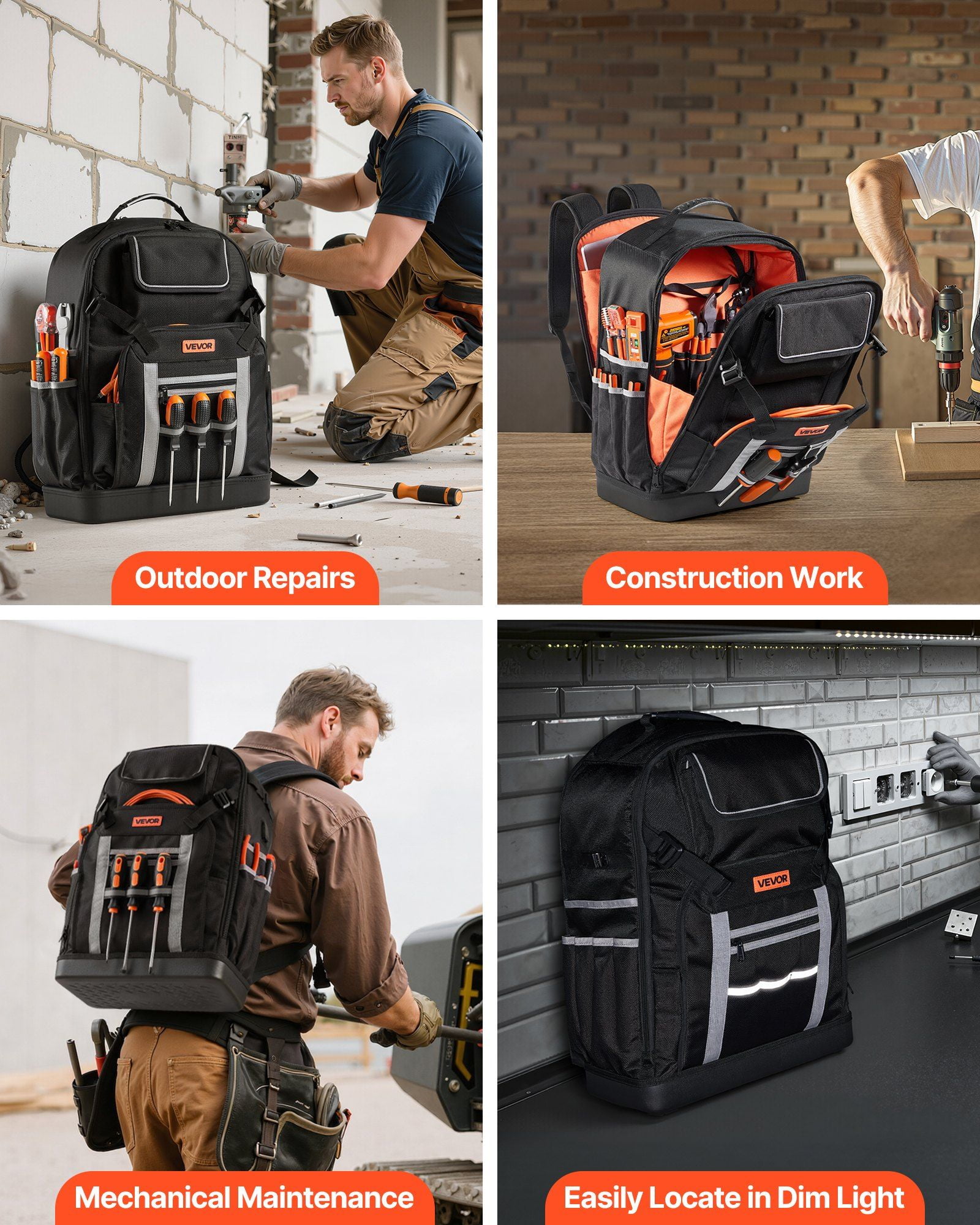 Tool Backpack with 56 Pockets and Splash-Resistant 1680D Nylon, Jobsite Tool Bag with Stable PVC Base, Padded Straps, Lock, and Charging Port for Electricians, Plumbers, and Heavy-Duty Outdoor Work