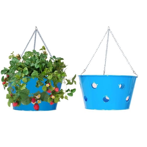HIT 8495E B S-2 14 x 8 in. Enameled Galvanized Steel Strawberry, Floral Hanging Planter, Blue - Set of 2