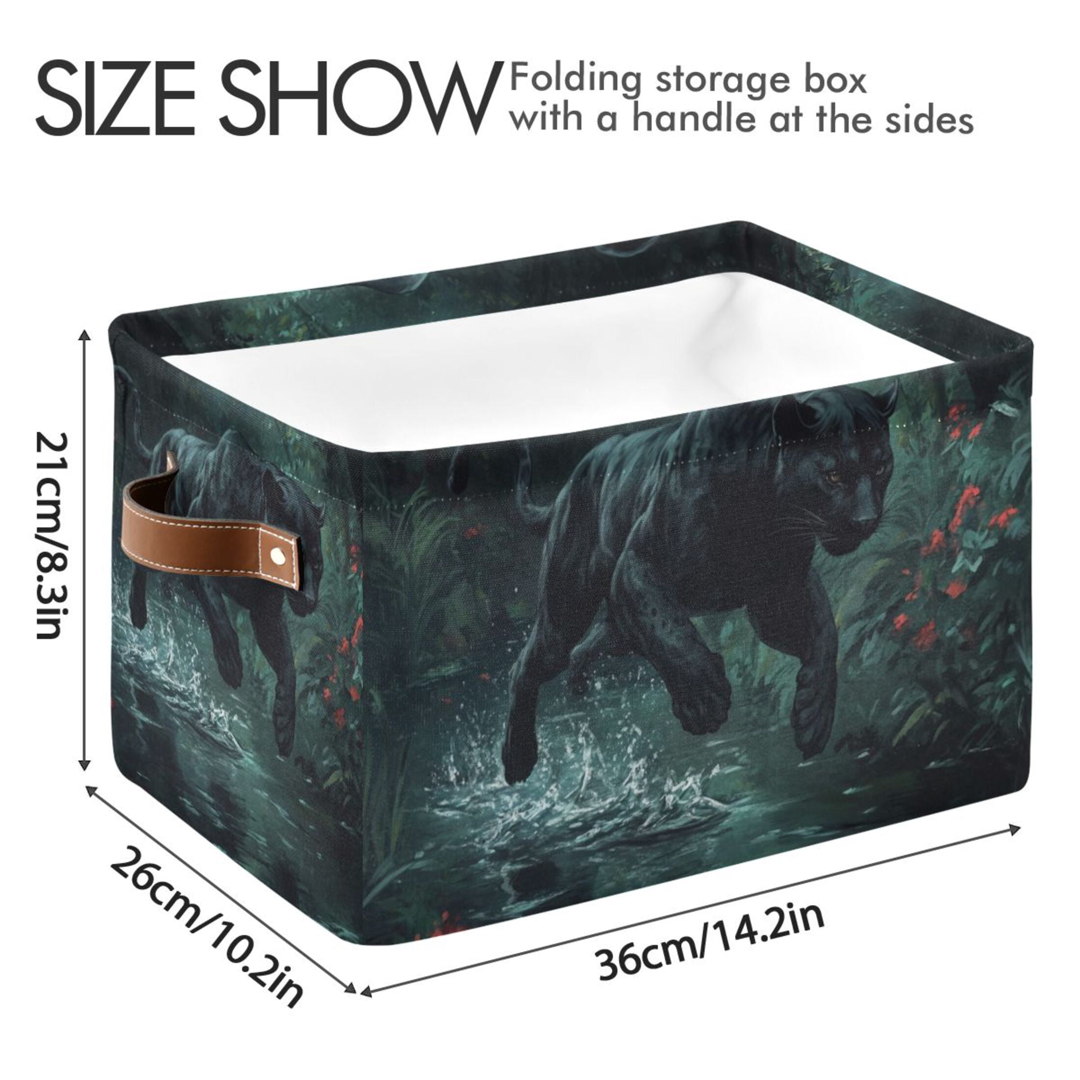 WOBOGO Black Panther Leaping over Water Square Storage Basket with Waterproof Canvas and PE Lining Durable PU Leather Handles 14.2×10.2×8.3in