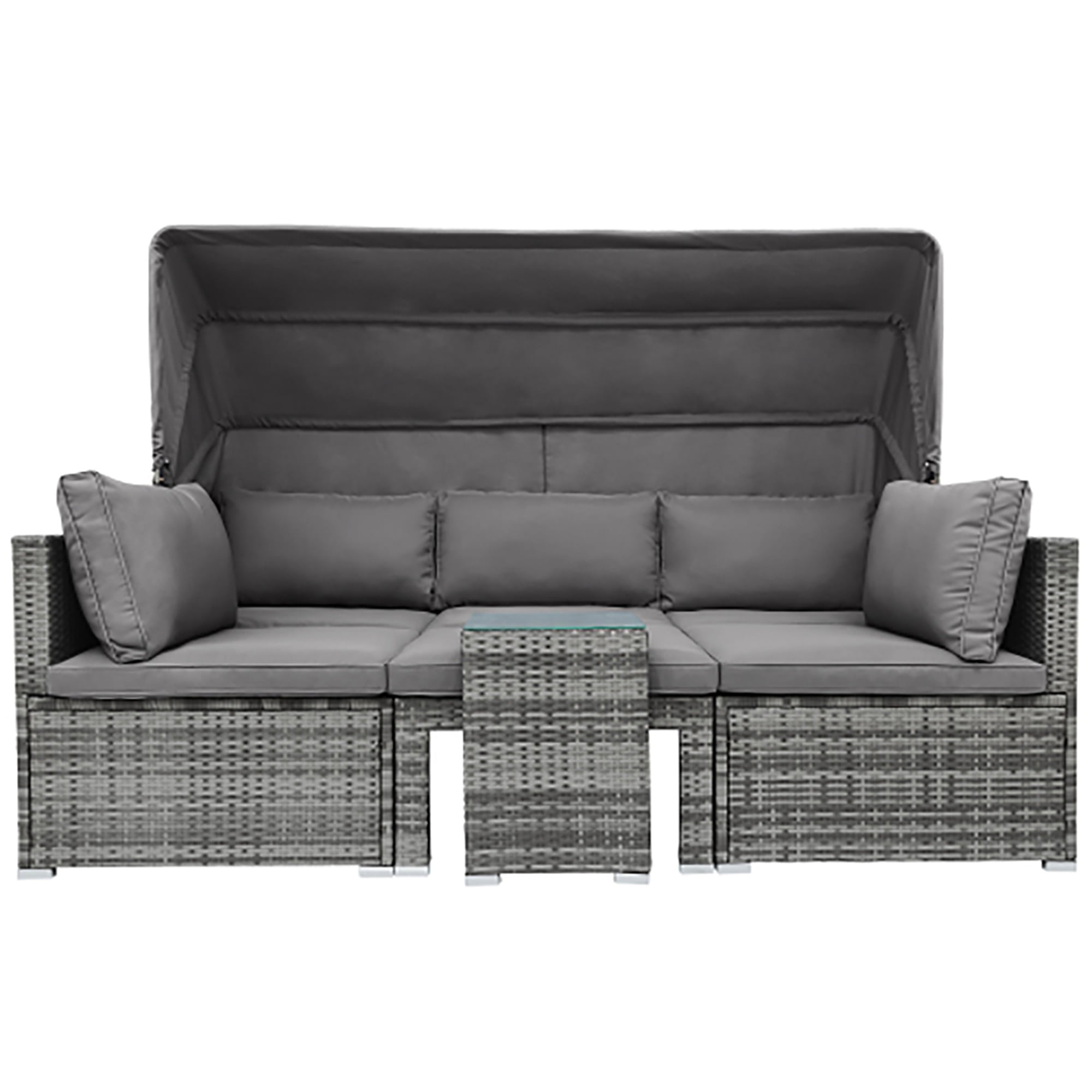 Kadyn 5 Pieces Outdoor Sectional Patio Rattan Sofa Set Rattan Daybed , PE Wicker Conversation Furniture Set w/ Canopy and Tempered Glass Side Table, Gray