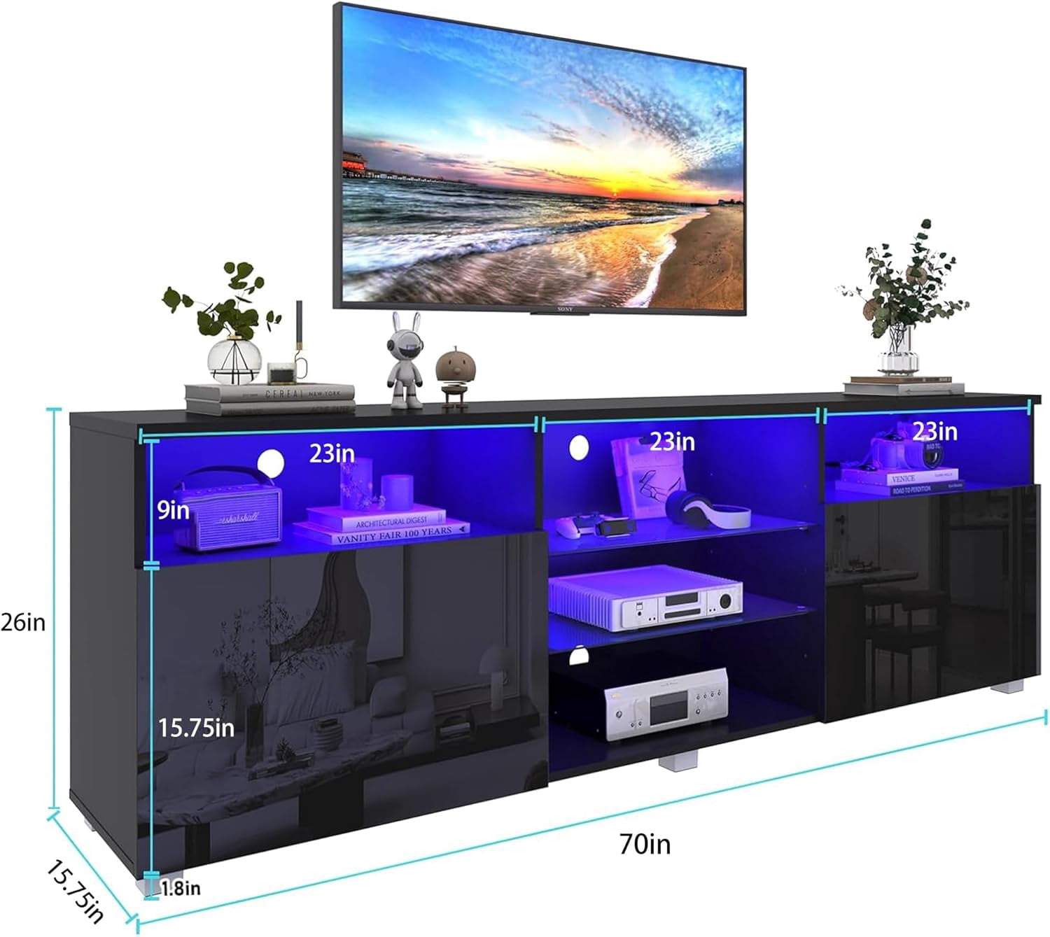 ChVans LED TV Stand for 70/75/80 inch, High Glass Modern Entertainment Center with LED Lights and Glossy Cabinets