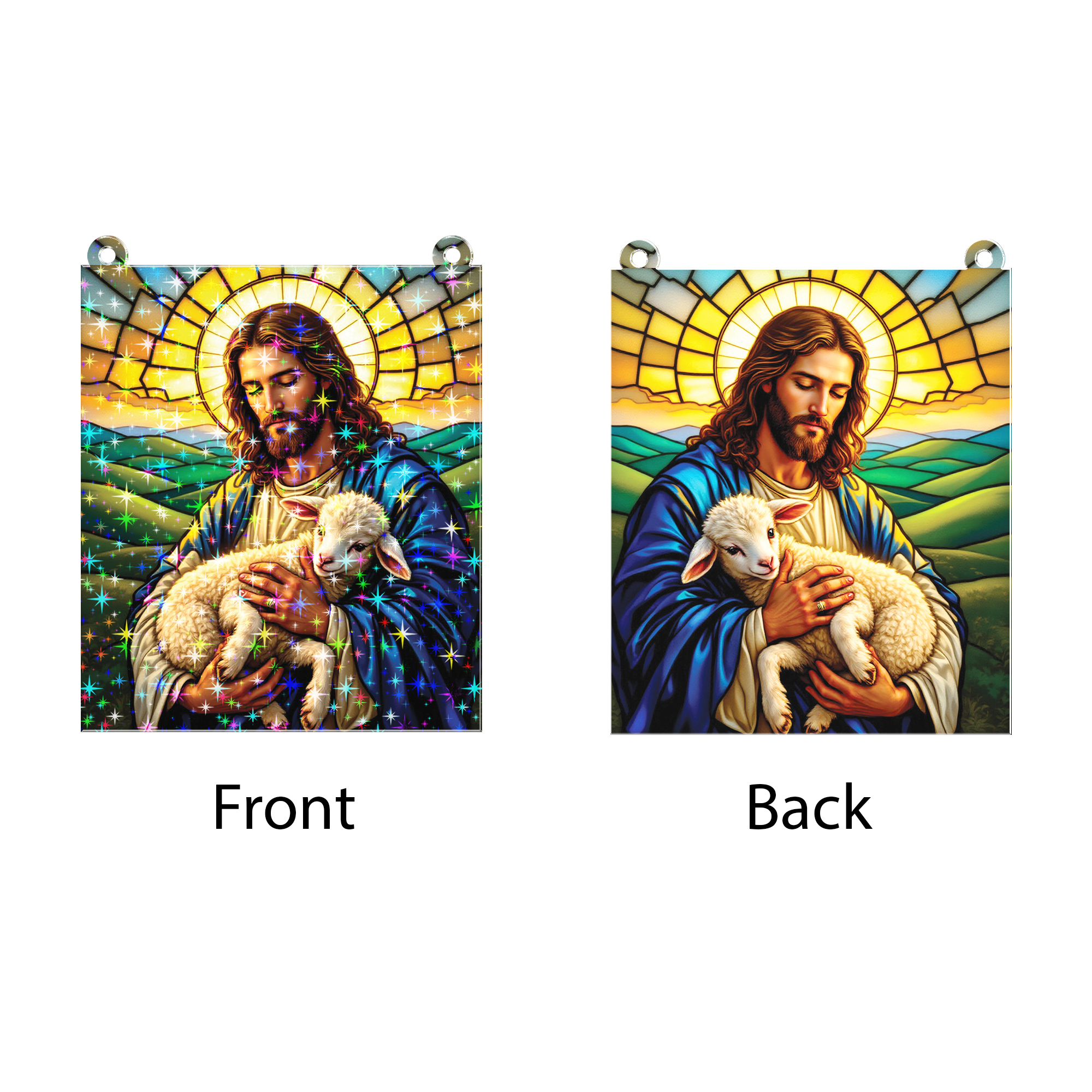 89Bloom Jesus and the Lamb Stained Glass Hologram Ornament, Stained Glass Suncatcher Ornaments Home Decor, Holographic Ornaments