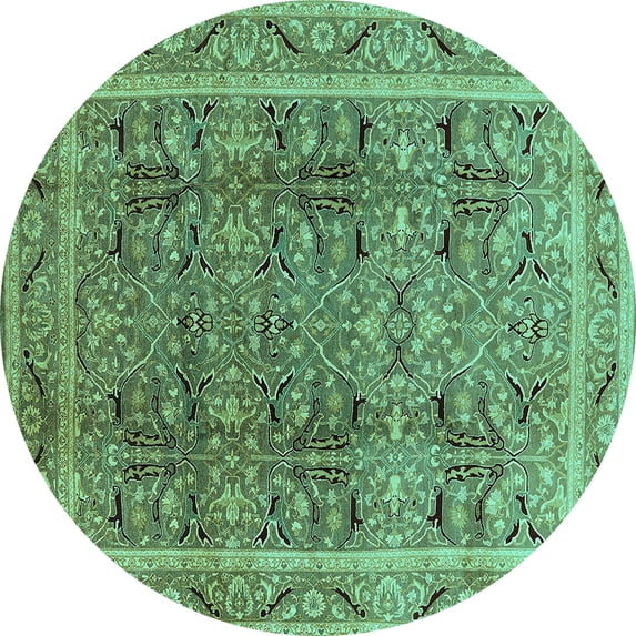 Ahgly Company Machine Washable Indoor Round Oriental Turquoise Blue Traditional Area Rugs, 4' Round